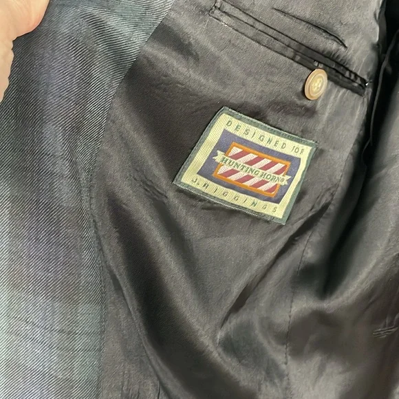 HUNTING HORN DESIGN FOR J. RIGGINGS WOOL BLEND TARTAN PLAID Navy Green Size 42L - Picture 2 of 9